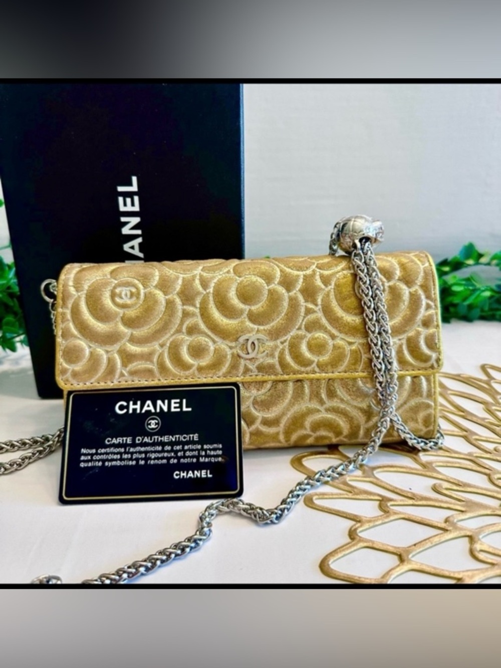 CHANEL Gold Quilted Camellia Chain Shoulder Bag